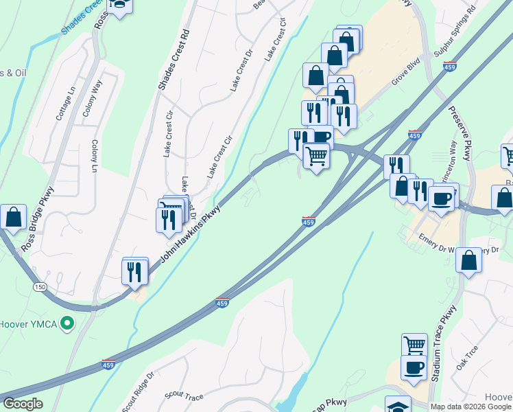 map of restaurants, bars, coffee shops, grocery stores, and more near 201 Ati Parkway in Birmingham