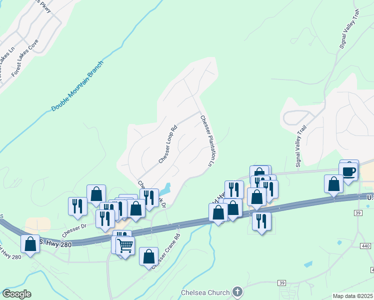 map of restaurants, bars, coffee shops, grocery stores, and more near 520 Chesser Circle in Chelsea