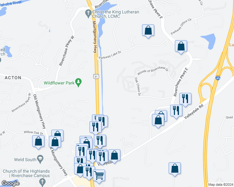map of restaurants, bars, coffee shops, grocery stores, and more near 1503 Riverchase Trail in Birmingham