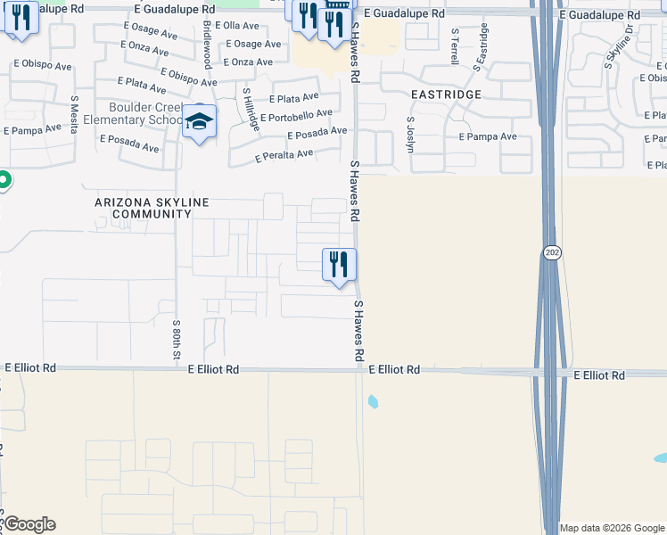 map of restaurants, bars, coffee shops, grocery stores, and more near 3326-3402 South Hawes Road in Mesa