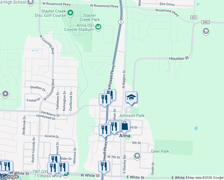 map of restaurants, bars, coffee shops, grocery stores, and more near 606 North Powell Parkway in Anna