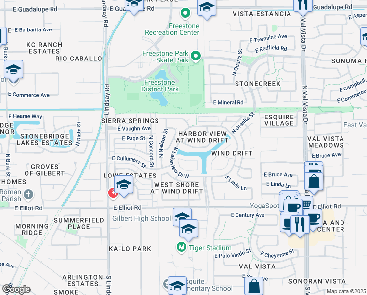 map of restaurants, bars, coffee shops, grocery stores, and more near 1451 East Redfield Road in Gilbert