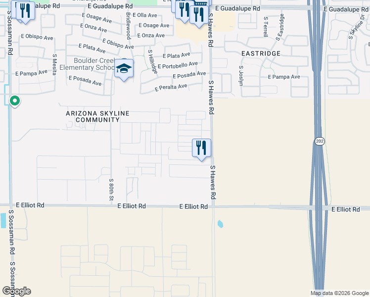 map of restaurants, bars, coffee shops, grocery stores, and more near 3442 South Hawes Road in Mesa