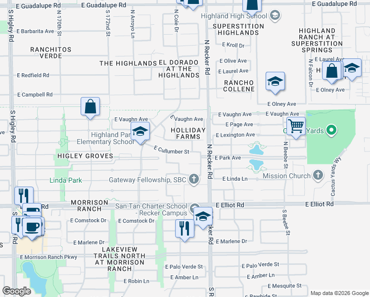 map of restaurants, bars, coffee shops, grocery stores, and more near 3907 East Cullumber Street in Gilbert