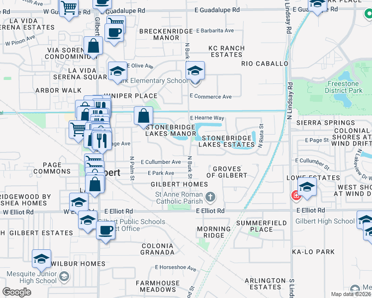 map of restaurants, bars, coffee shops, grocery stores, and more near 208 North Sierra Drive in Gilbert