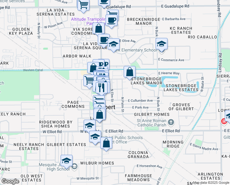 map of restaurants, bars, coffee shops, grocery stores, and more near 170 East Cullumber Avenue in Gilbert