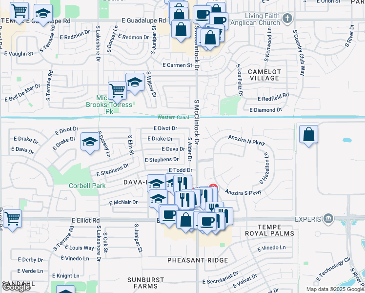 map of restaurants, bars, coffee shops, grocery stores, and more near 7216 South Alder Drive in Tempe