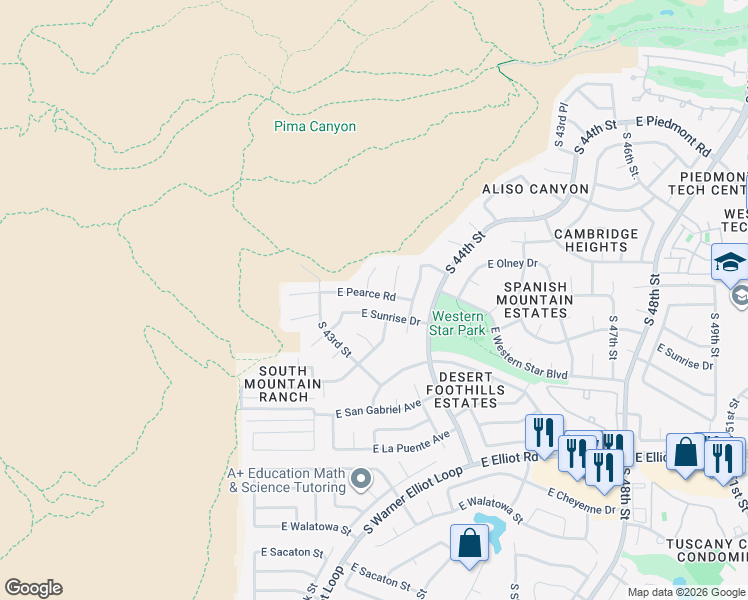 map of restaurants, bars, coffee shops, grocery stores, and more near 4327 East Sunrise Drive in Phoenix
