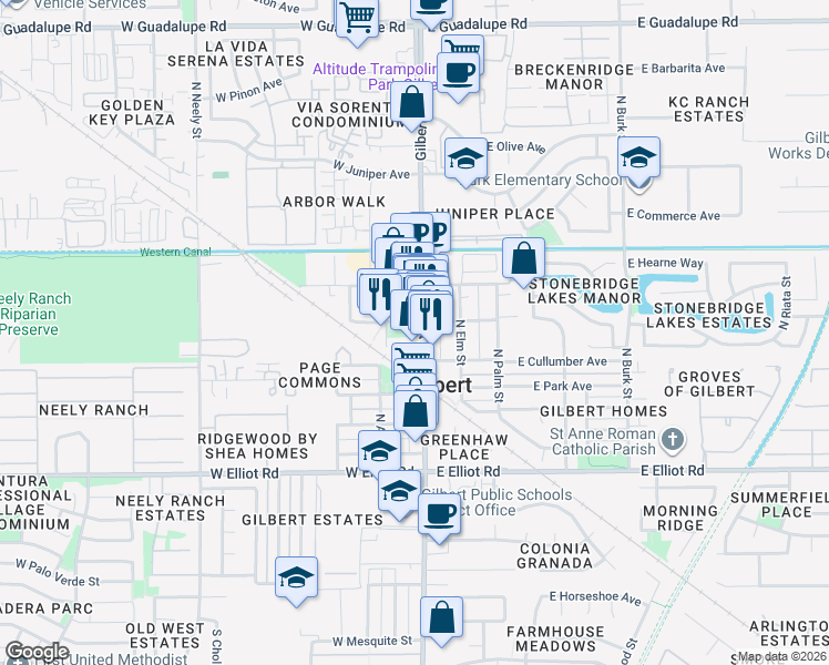 map of restaurants, bars, coffee shops, grocery stores, and more near 199 North Ash Street in Gilbert
