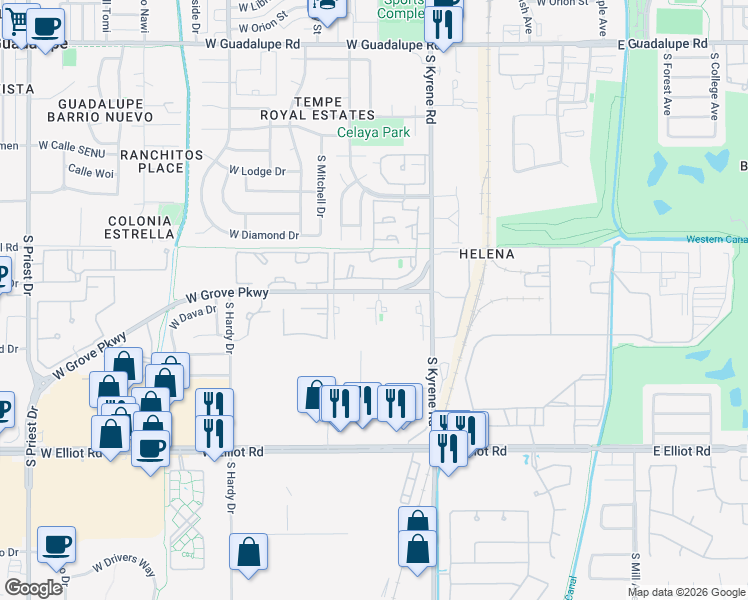 map of restaurants, bars, coffee shops, grocery stores, and more near 7250 South Kyrene Road in Tempe