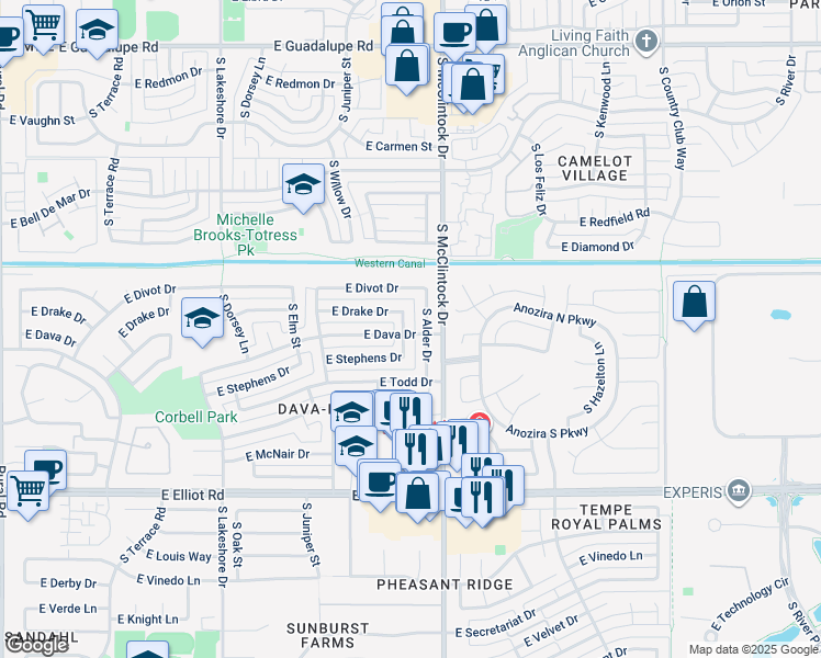 map of restaurants, bars, coffee shops, grocery stores, and more near 7216 South Alder Drive in Tempe