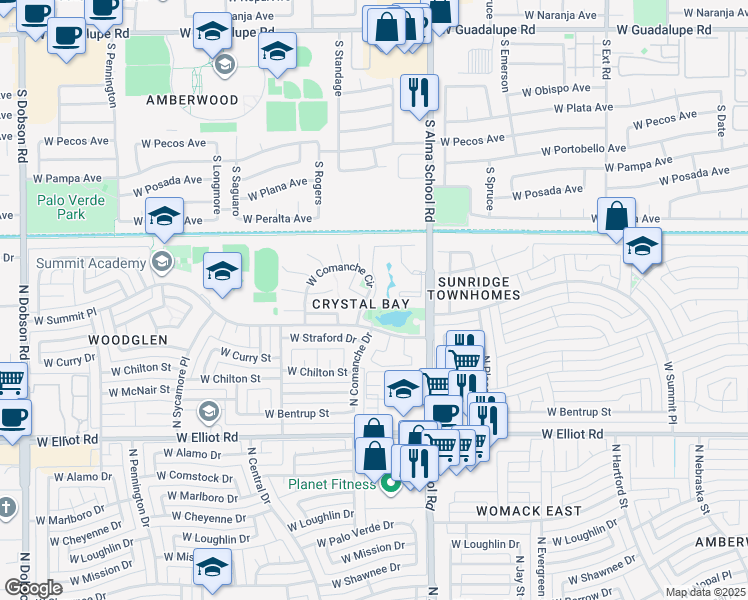 map of restaurants, bars, coffee shops, grocery stores, and more near 3400 North Alma School Road in Chandler