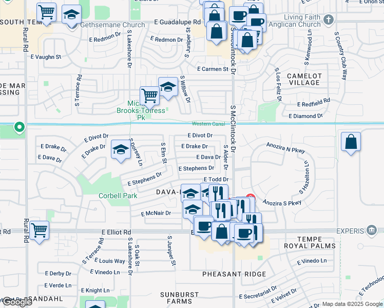 map of restaurants, bars, coffee shops, grocery stores, and more near 1529 East Dava Drive in Tempe