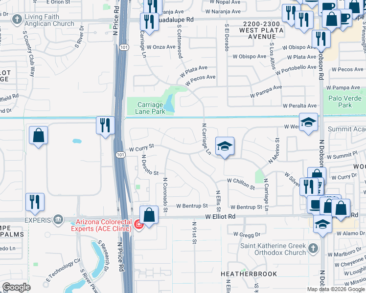 map of restaurants, bars, coffee shops, grocery stores, and more near 3231 North Ellis Street in Chandler