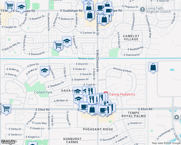 map of restaurants, bars, coffee shops, grocery stores, and more near 7216 South Alder Drive in Tempe