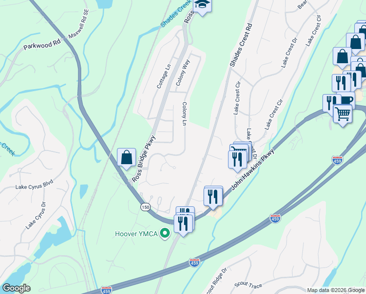 map of restaurants, bars, coffee shops, grocery stores, and more near 5832 Colony Lane in Birmingham