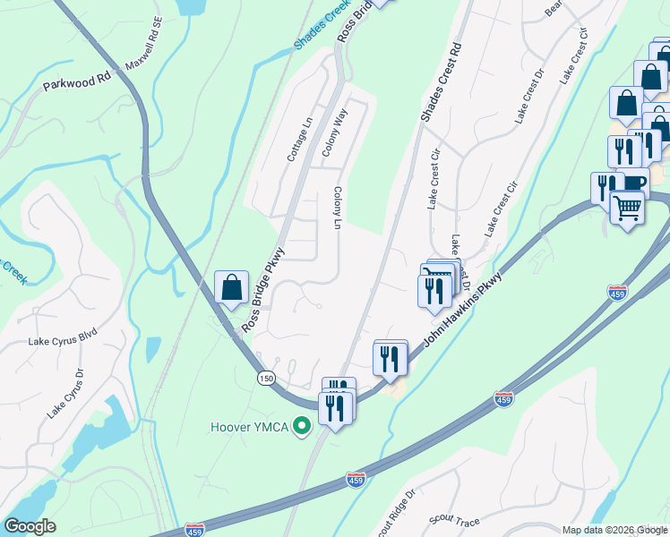 map of restaurants, bars, coffee shops, grocery stores, and more near 5832 Colony Lane in Birmingham