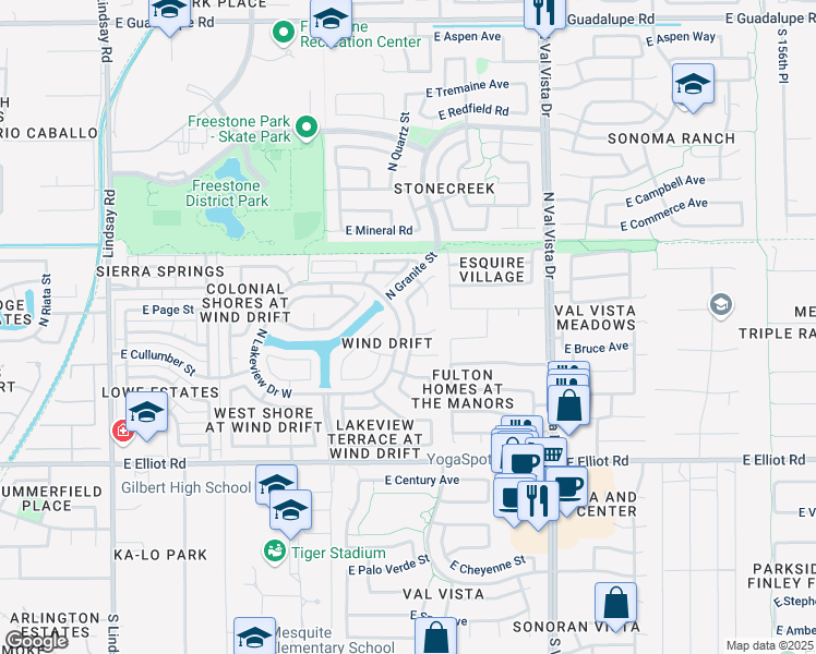 map of restaurants, bars, coffee shops, grocery stores, and more near 1298 East Lake Drive in Gilbert