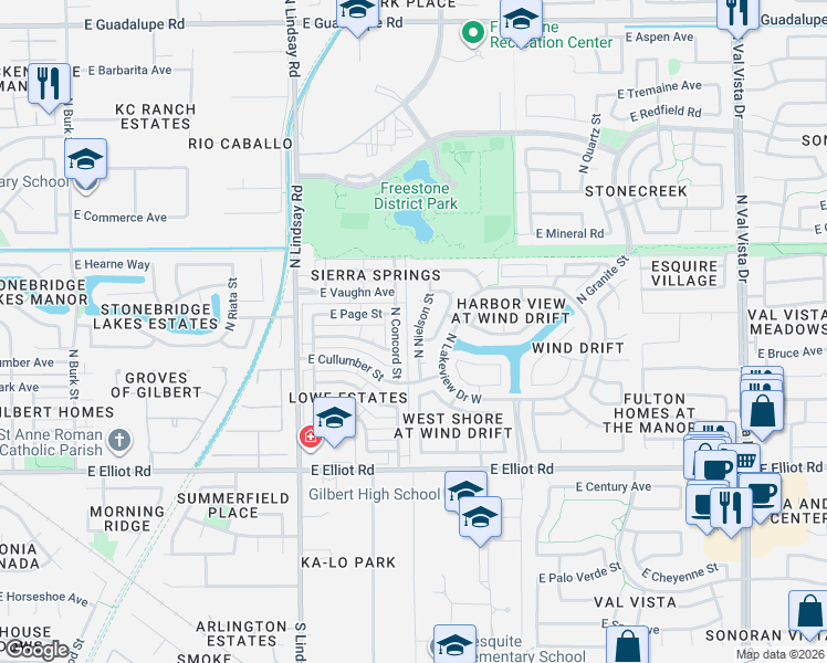map of restaurants, bars, coffee shops, grocery stores, and more near 215 North Westport Drive in Gilbert