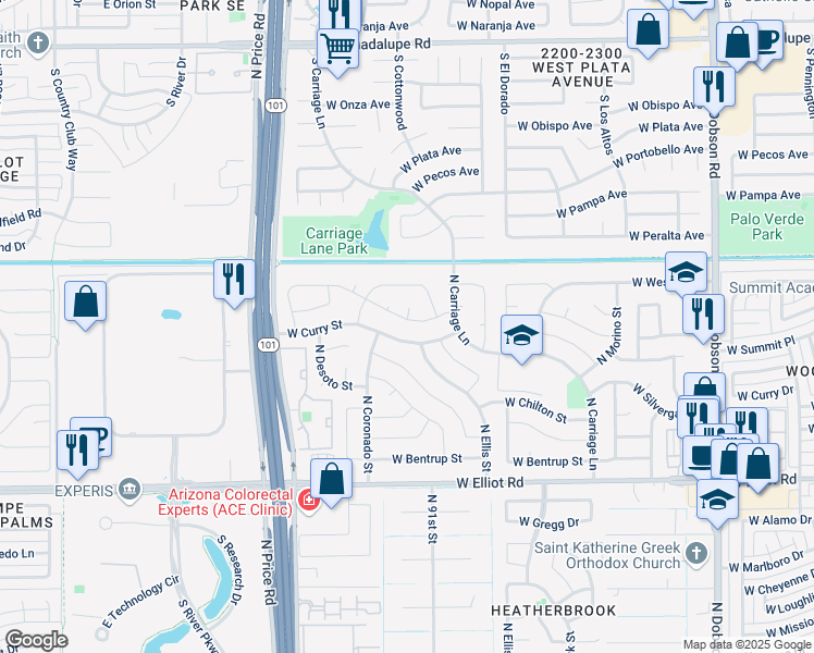map of restaurants, bars, coffee shops, grocery stores, and more near 3231 North Ellis Street in Chandler