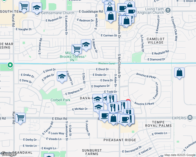 map of restaurants, bars, coffee shops, grocery stores, and more near 1529 East Dava Drive in Tempe