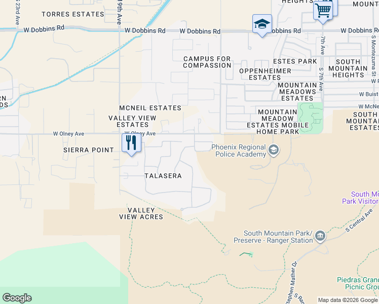 map of restaurants, bars, coffee shops, grocery stores, and more near 1610 West Lodge Drive in Phoenix