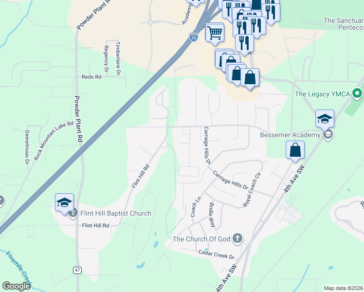 map of restaurants, bars, coffee shops, grocery stores, and more near 5279 Flint Hill Trace in Bessemer