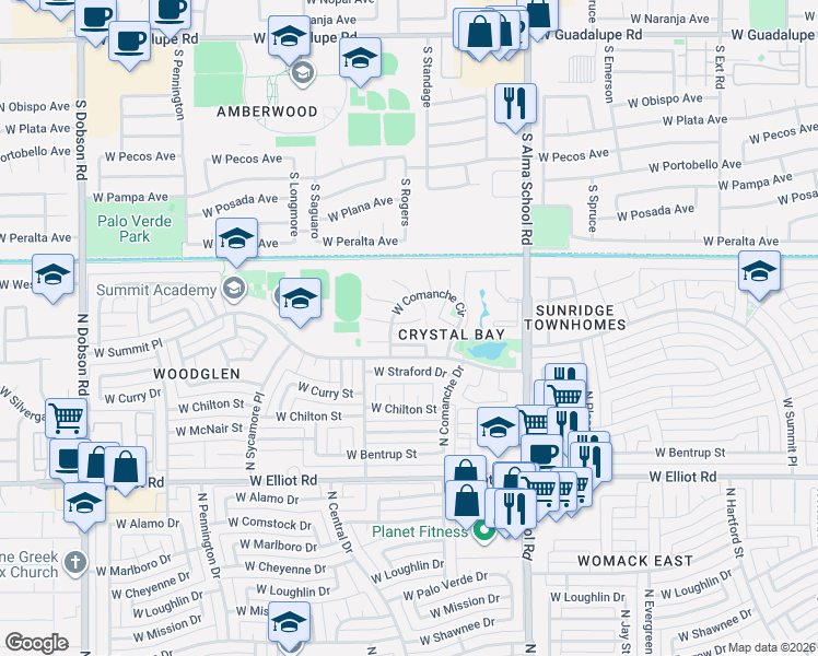 map of restaurants, bars, coffee shops, grocery stores, and more near 1243 West Boxelder Circle in Chandler