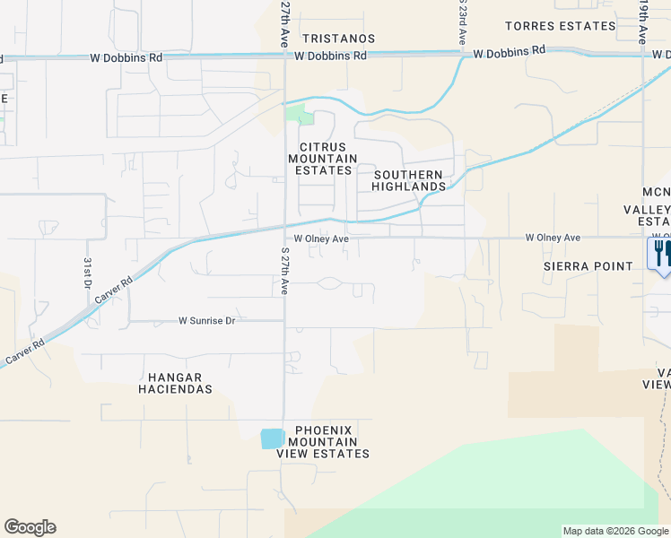 map of restaurants, bars, coffee shops, grocery stores, and more near 2525 West Lodge Drive in Phoenix