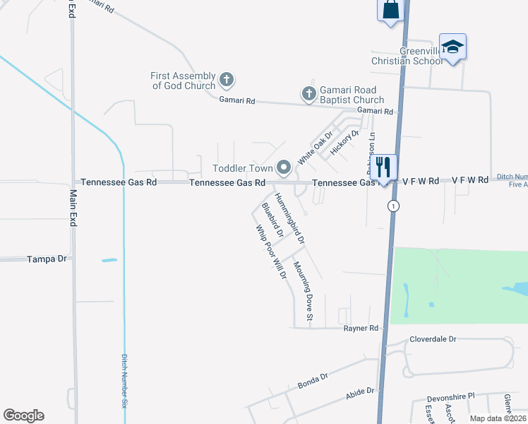 map of restaurants, bars, coffee shops, grocery stores, and more near 2365-2371 Bluebird Drive in Greenville