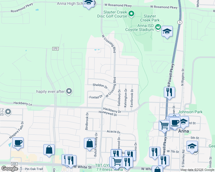 map of restaurants, bars, coffee shops, grocery stores, and more near 1004 Sheldon Drive in Anna