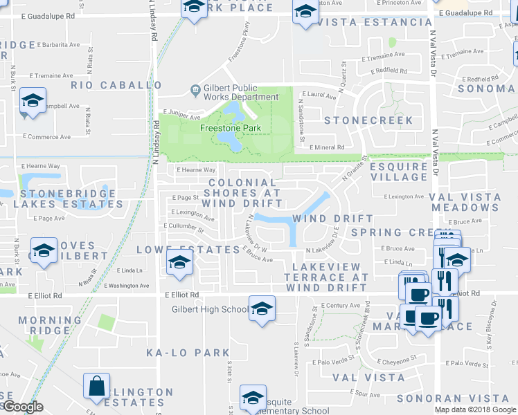 map of restaurants, bars, coffee shops, grocery stores, and more near 1037 East Artesian Way in Gilbert