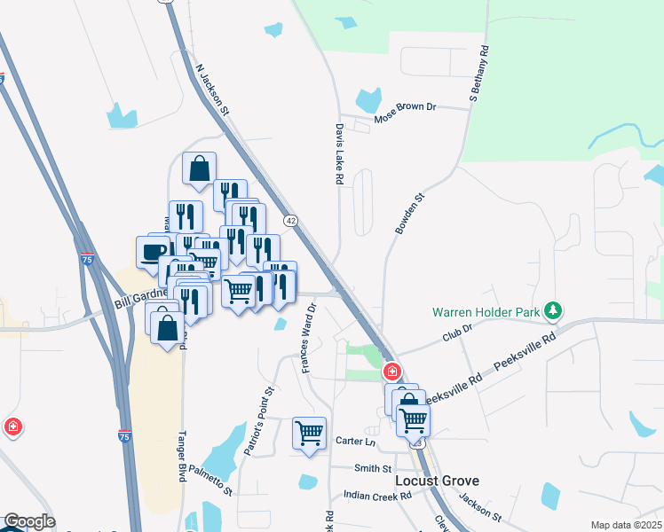map of restaurants, bars, coffee shops, grocery stores, and more near North Jackson Street in Locust Grove