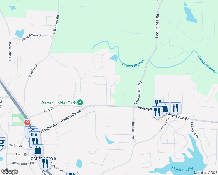 map of restaurants, bars, coffee shops, grocery stores, and more near 112 Laughlin Drive in Locust Grove