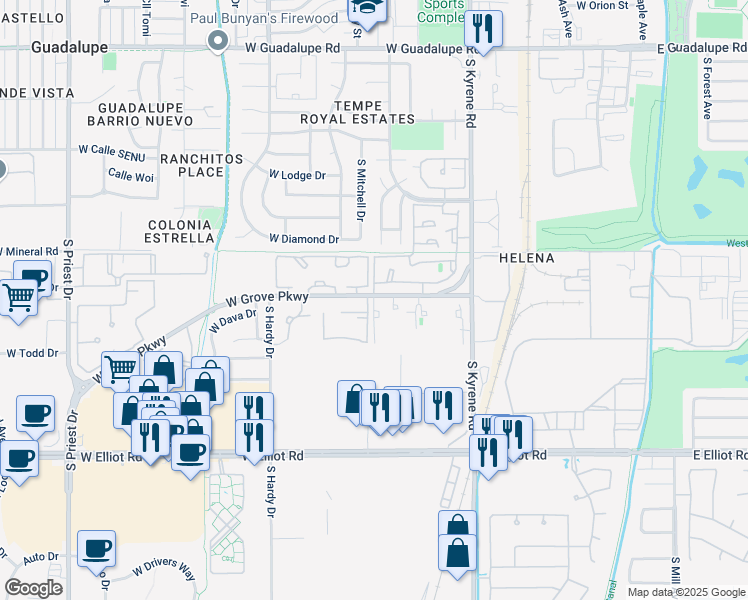 map of restaurants, bars, coffee shops, grocery stores, and more near 701 West Grove Parkway in Tempe