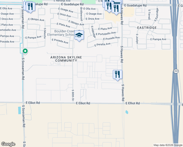 map of restaurants, bars, coffee shops, grocery stores, and more near 3442 South Hawes Road in Mesa