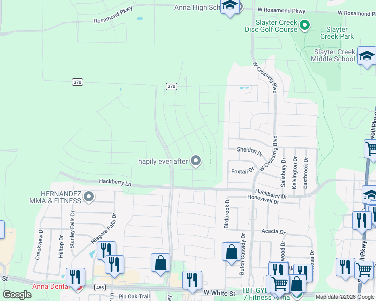 map of restaurants, bars, coffee shops, grocery stores, and more near Hackberry Drive in Anna