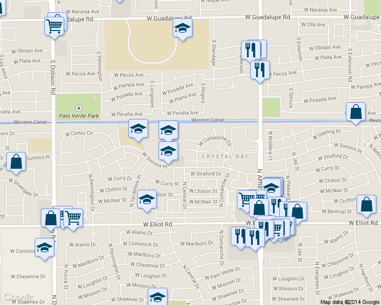 map of restaurants, bars, coffee shops, grocery stores, and more near 1325 West Boxelder Court in Chandler