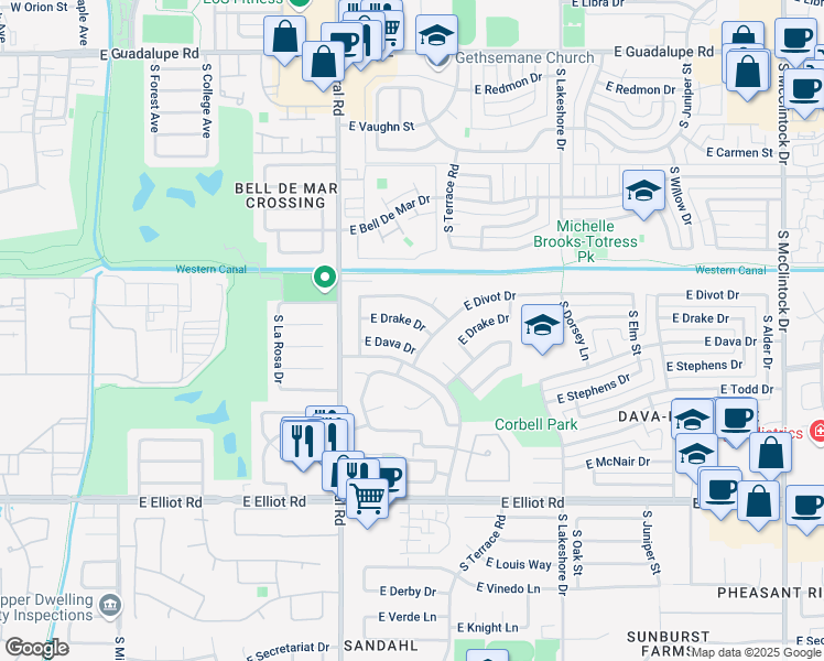 map of restaurants, bars, coffee shops, grocery stores, and more near 990 East Dava Drive in Tempe