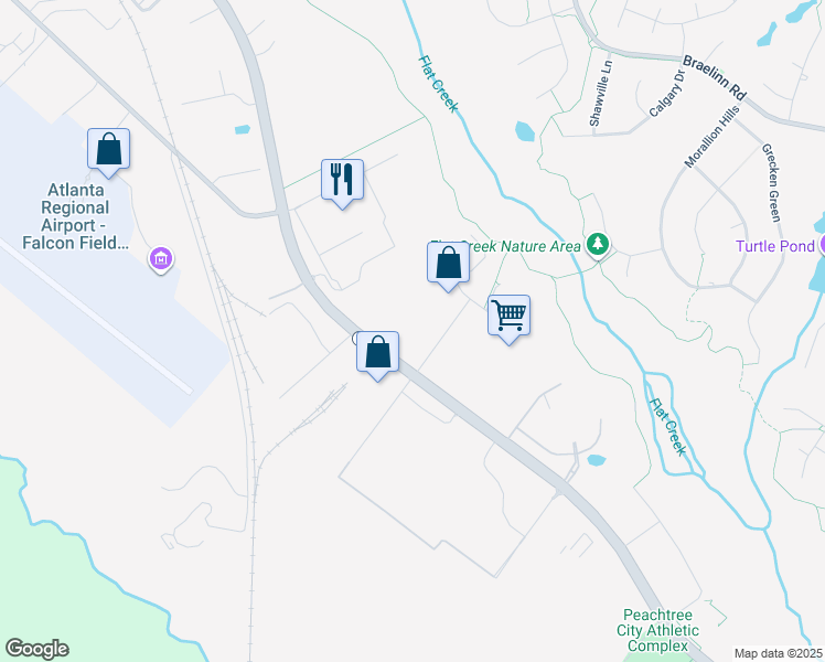 map of restaurants, bars, coffee shops, grocery stores, and more near 101 Gardner Park in Peachtree City