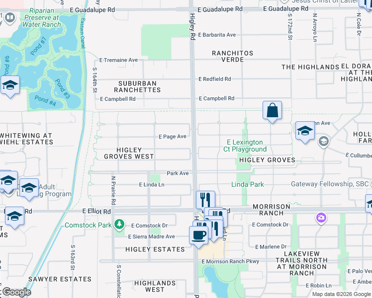 map of restaurants, bars, coffee shops, grocery stores, and more near 3199 East Lexington Avenue in Gilbert