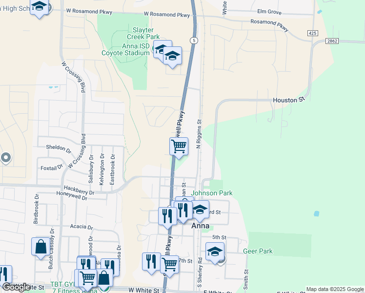 map of restaurants, bars, coffee shops, grocery stores, and more near 802 North Powell Parkway in Anna