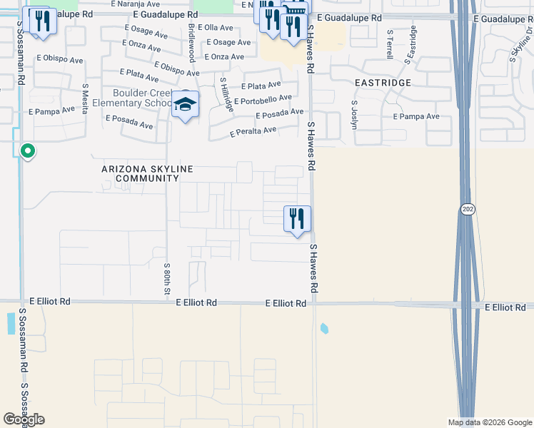 map of restaurants, bars, coffee shops, grocery stores, and more near 3302 South Hawes Road in Mesa