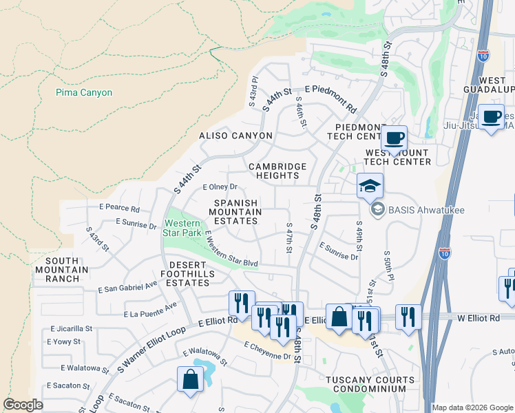 map of restaurants, bars, coffee shops, grocery stores, and more near 10021 South 46th Place in Phoenix