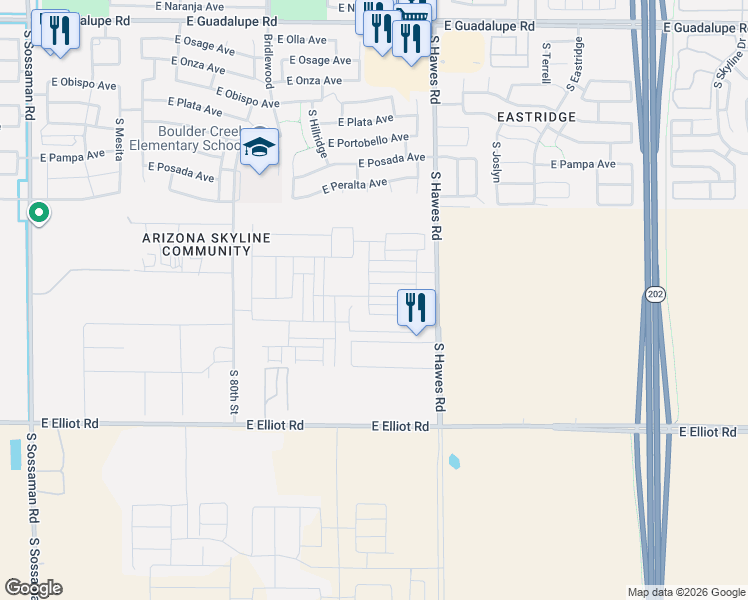 map of restaurants, bars, coffee shops, grocery stores, and more near 3302 South Hawes Road in Mesa