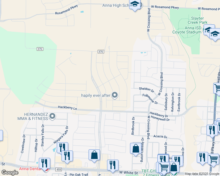 map of restaurants, bars, coffee shops, grocery stores, and more near 1510 West Hackberry Lane in Anna