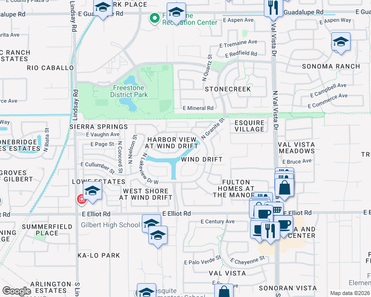 map of restaurants, bars, coffee shops, grocery stores, and more near 1302 East Artesian Way in Gilbert