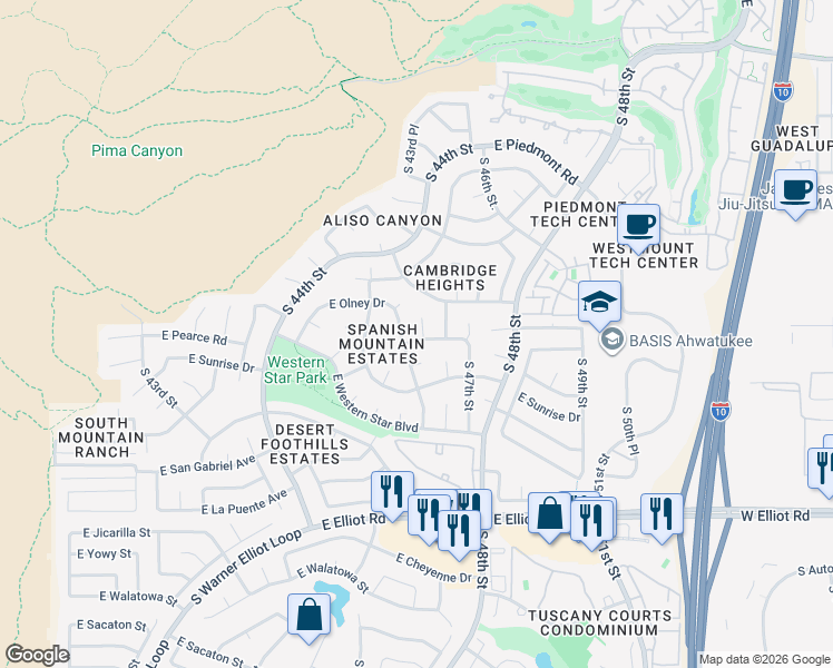 map of restaurants, bars, coffee shops, grocery stores, and more near 10021 South 46th Place in Phoenix