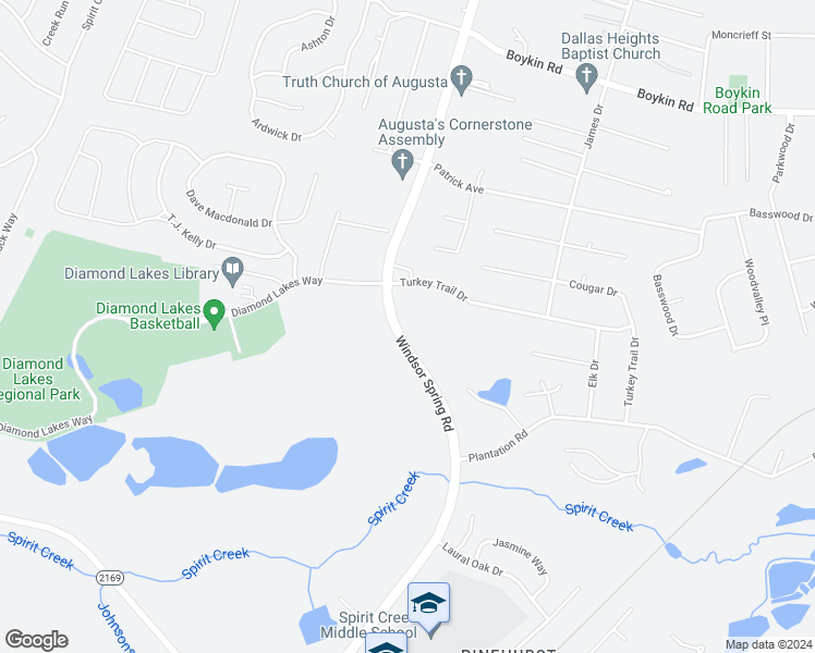 map of restaurants, bars, coffee shops, grocery stores, and more near 4344 Windsor Spring Road in Hephzibah