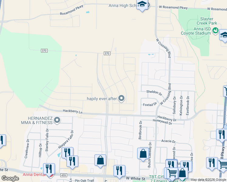 map of restaurants, bars, coffee shops, grocery stores, and more near 1510 West Hackberry Lane in Anna